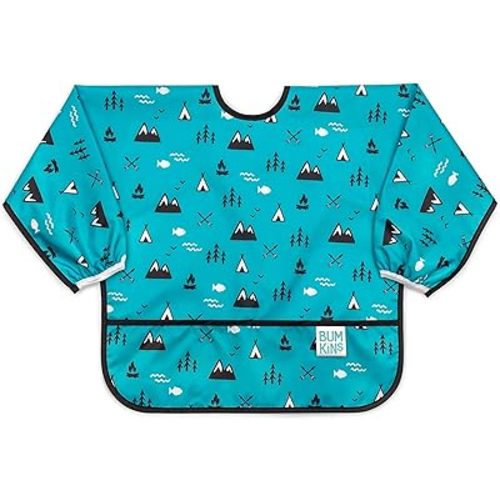 Bumkins Sleeved Bib for Girl or Boy, Baby and Toddler for 6-24 Mos, Essential Must Have for Eating, Feeding, Baby Led Weaning Supplies, Long Sleeve Mess Saving Food Catcher, Fabric, Outdoors Blue