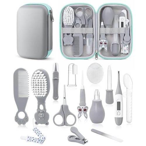 Baby Healthcare and Grooming Kit, Safety Newborn Nursery Baby Care Kit, with Hair Brush Comb, Nail Clipper, Thermometer, Pacifier Clip, Baby Registry Search, Newborn Essentials Girls Boys (Grey)