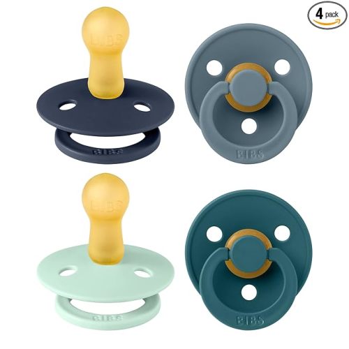 BIBS Pacifiers - Color 4 Pack | Round Nipple Baby Pacifier | BPA Free Natural Rubber Latex Soother | Made in Europe | Size 6-18 Months | Boy Colors