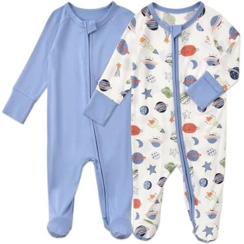 Aablexema Baby Footed Coverall Pajamas with Mittens Rayon from Bamboo 2pcs Newborn Infant 2-way Zipper Outfit