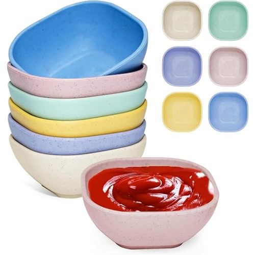 6 Pack Small Plastic Bowls 4.5 OZ Unbreakable Wheat Straw Dipping Bowls，plastic ramekins, Assorted Colors Dipping Sauce Cups, dip cups， Dessert, Ketchup