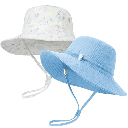 Play Tailor 2 Pack Newborn Baby Sun Hat Breathable Muslin Cotton Infant Bucket Cap Adjustable Wide Brim Summer Beach 0-9M