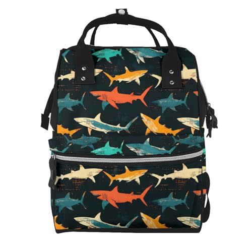 Colorful Shark Print Diaper Bag Backpack, Toddler Baby Girl Boy Diaper Bag for Mom Dad, Mommy Bags Travel Baby Bags for Women Men
