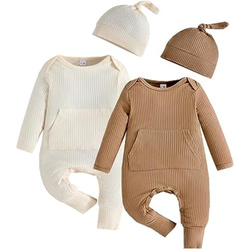 Bafeicao Newborn Baby Boy Girl Romper Ribbed Long Sleeve Jumpsuit with Hat Infant Coming Home Outfit Clothes Set