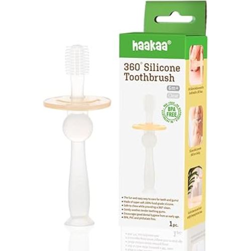 Haakaa 360° Silicone Baby Toothbrush – 100% Soft Food Grade Silicone, BPA-Free, Suction Base, Safe for Babies 6 Months+, Gentle Gum and Teeth Cleaning for Infants, Gum Massager