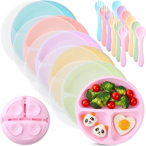 Meanplan 6 Pack Suction Plates for Toddlers with Lids Silicone Baby Plates set Food Grade Silicone Divided Design BPA Free Microwave and Dishwasher Safe Assorted Colors (Macaron Colors)