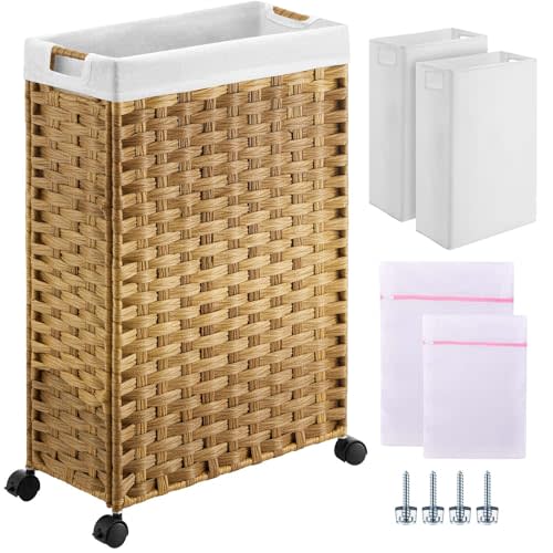 Greenstell Laundry Hamper with Wheels, 11.9 Gallon (45L) Small Clothes Hamper with 2 Removable Liner Bags & 2 Mesh Bags, Slim Rattan Laundry Basket for Bathroom, Bedroom, Natural