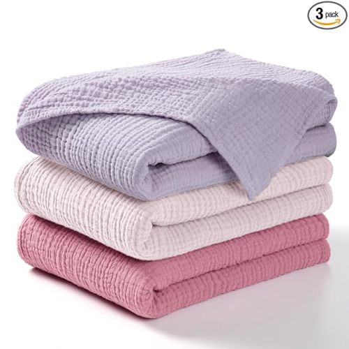 lulumoon Muslin Swaddle Blanket Baby - Cotton Swaddling Blanket Soft Baby Receiving Blankets Neutral 3Pack(Pink+Purple)
