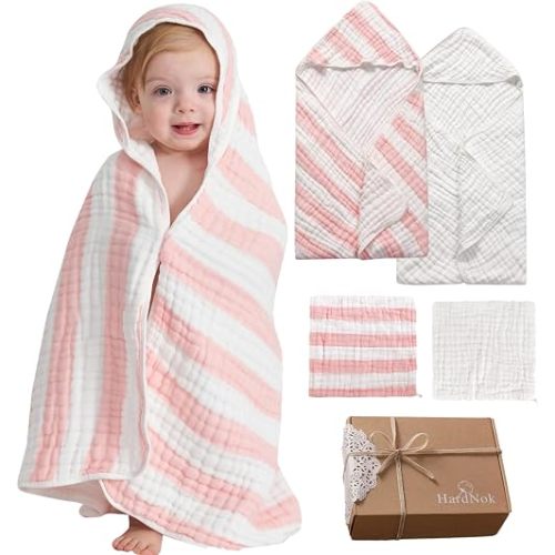 HardNok Muslin Hooded Baby Towel 4 Pack, 100% Organic Premium Cotton, (2) 6-Layer 32x32 Bath Towels & (2) Washcloths, Soft Newborn & Infant Gift Set (Pink Stripe & White)