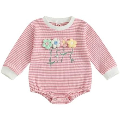 Newborn Baby Girl Romper 3D Flower Fall Winter Clothes Striped Waffle Bubble Sweatshirt Cute Coming Home Outfit
