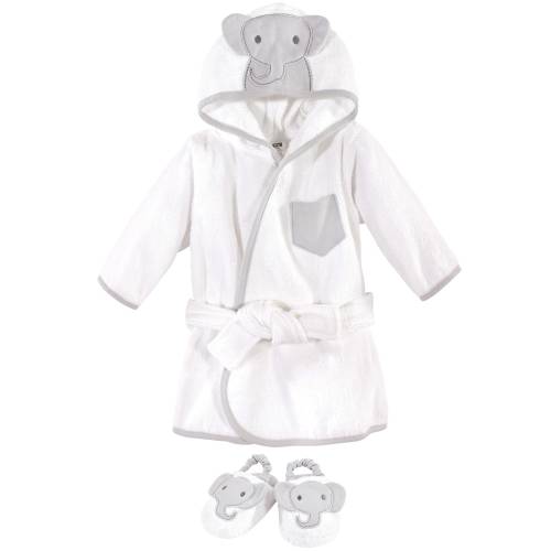 Hudson Baby Infant Cotton Animal Face Bathrobe and Slippers 2pc, Modern Elephant, 0-9 Months - Modern Elephant - One Size