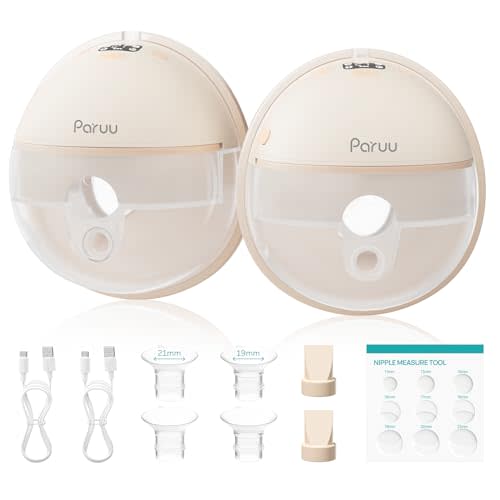 Paruu Hands Free Breast Pump P16, Wearable Breast Pump Electirc Portable with 4 Modes & 12 Levels, Max 309mmHg Strong Suction 19/21/24mm Flange Inserts Wearable Breastfeeding Pump, 2 PackNude