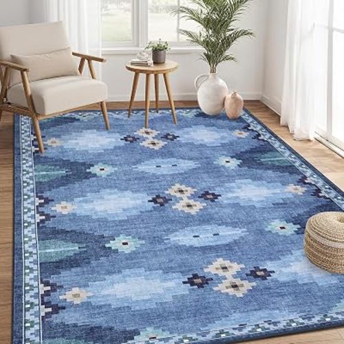 Mid Century Blue Rug 5x7 Washable Large Living Room Area Rugs Non Slip Stain Resistant Boho Tribe Bedroom Throw Carpet Soft Geometric Modern Rugs for Dining Room Dorm Nursery Home Office, Blue