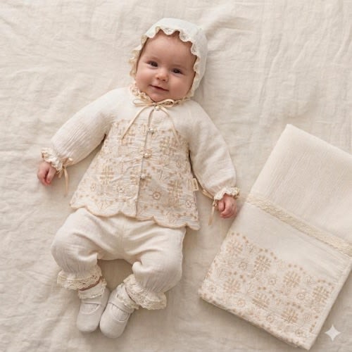 Baby Girl Heirloom Coming Home Outfit, Lace Embroidered Ivory Set (0-3 Months)