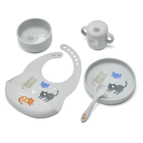 Imagination Junction silicone baby feeding set, Baby Led Weaning Supplies,Cutlery Feeding Supplies, Baby Utensils Feeding Essentials for Starting Solids,5 Piece Set (Gray)