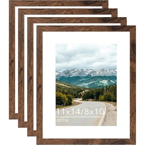 11x14 Picture Frame with 8x10 Mat Deep Brown, Display 8x10 with Mat or 11x14 Without Mat, Wood 11 by 14 Photo Frame, 11 x 14 Frame for Wall Hanging Display, Deep Brown, 4 Pack