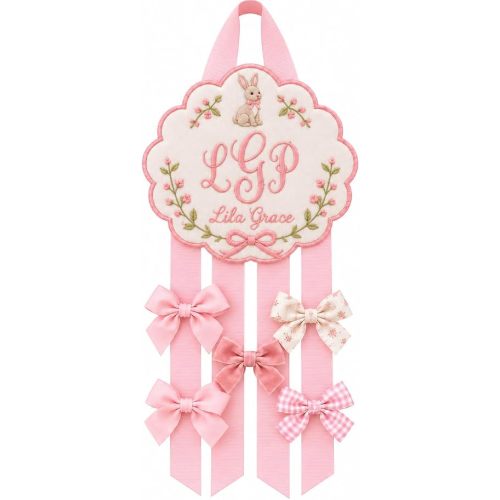 Personalized Hair Bow Holder for Girls, Custom Embroidered Bunny Name Bow Organizer, Pink Ribbon Hair Bow Display for Baby Girl Nursery Decor