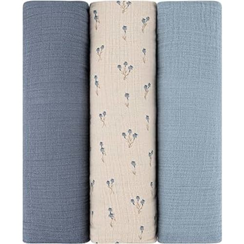 Ely's & Co. Muslin Swaddle Blanket 3-Pack for Baby Boy— 100% Cotton Muslin Extra-Large Swaddle Blankets (47”x 47”) Blue Bluebell