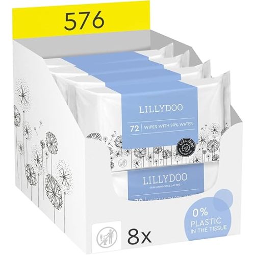 LILLYDOO Baby Wipes with 99% Water – Unscented, Hypoallergenic, Plant-Based, Strong & Plastic-Free, Compostable, 8 resealable Packs x 72 (576 Wipes Total)