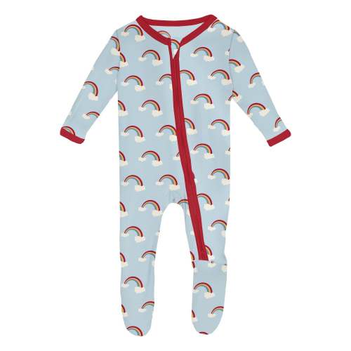 Print Footie with 2 Way Zipper in Spring Sky Rainbows