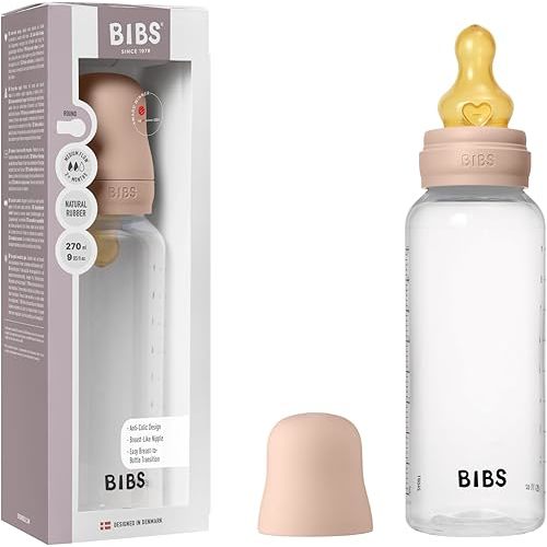 BIBS Baby Bottle 9 oz / 270 ml Natural Rubber Latex Nipple - Anti-Colic, BPA-Free, Round Nipple, Medium Flow, Lightweight & Easy to Clean, Suitable for Newborns 0+ Years - Blush