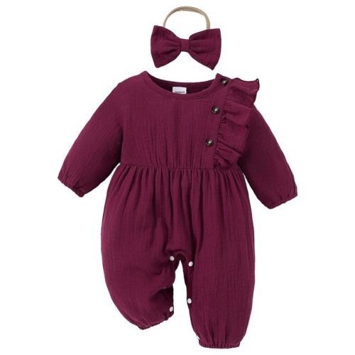 Newborn Baby Girls Smocked Romper Preemie Long Sleeve Going Home Outfit with Bow Headband