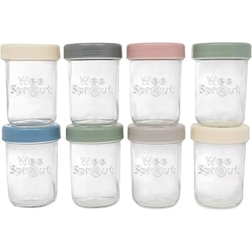 WeeSprout Glass Baby Food Storage Jars w/Lids (8 oz, 8 Pack Set) Snack, Puree, Reusable Small Containers, Breast Milk, Fridge or Freezer, Microwave & Dishwasher Safe, Essential Must Have for Infants