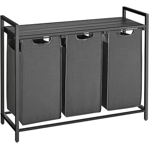 VASAGLE Laundry Hamper, Laundry Basket, Laundry Sorter with 3 Pull-Out and Removable Bags, Shelf, Metal Frame, 3 x 10.6 Gallons (40 L), 36.4 x 13 x 28.4 Inches, Slate Gray and Charcoal Gray UBLH301G01
