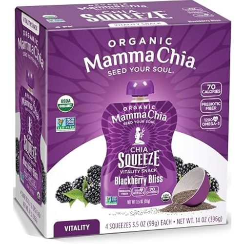 Mamma Chia Organic Vitality Squeeze Snack, Blackberry Bliss, 24- 3.5 Ounce Chia Pouches. USDA Organic, Non-GMO, Vegan, Gluten Free, and Kosher. Fruit and Vegetables with only 70 Calories