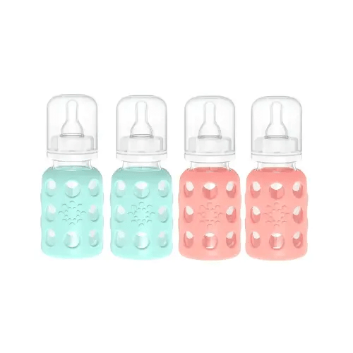 Lifefactory Glass Baby Bottle BPA Free | Protective Silicone Sleeve | 4 oz Pack of 4 | Mint & Cantaloupe