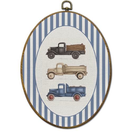 QZQE Vintage Truck Boy Nursery Oval Wall Art Decor Framed, Sports Oval Canvas Prints, Blue Striped Truck Vehicle Wall Hanging Decor for Kids Nursery Toddler Boy Room Bedroom Playroom, 8.6x11.4 Inch