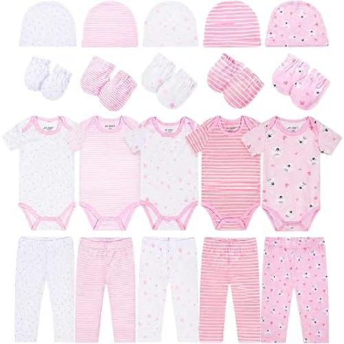 FOR BABY Girl Boy Clothes Layette Sets Unisex Onesie 20 Pack Organic Cotton 5 Bodysuits 5 Pants 5 Hats 5 Gloves Infant Pajamas Newborn Outfits Hypoallergenic Breathable Stretchy
