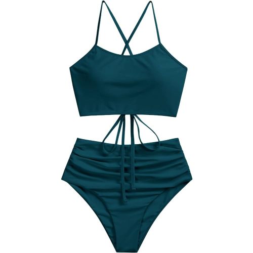 ZAFUL Women's Crisscross Ruched High Waisted Bottom Bikini Set Two Piece Swimsuit Tankini