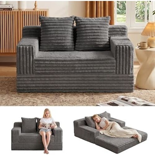 Erament Boneless Loveseat Convertible Sofa Bed, Folding Floor Futon Sleeper Sofa Couch Bed- Boneless Foldable Couch, Corduroy Pull Out Sofa Bed with 2 Pillows for Living Room & Bedroom