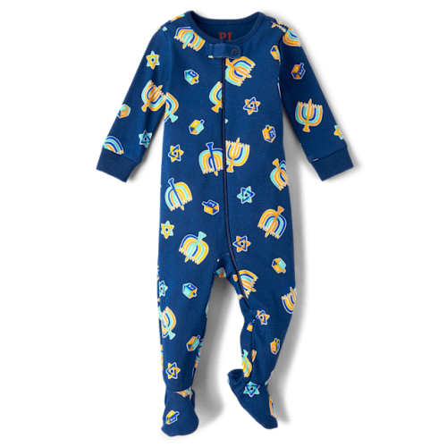 Baby And Toddler Matching Family Hanukkah Snug Fit Cotton Footed One Piece Pajamas - Blue