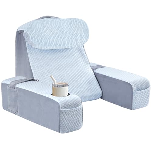 Reading Pillow for Adults, Back Pillow for Bed Sitting Up, Backrest Pillow for Sitting in Bed, Detachable Arms with Built-in Cup & Phone Caddy (White Cooling - Polka, 21 INCH)