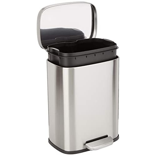 Amazon Basics Smudge Resistant Small Rectangular Trash Can With Soft-Close Foot Pedal, Brushed Stainless Steel, 12L/3.2 Gal, 11.3x9.9x15.1 in, Satin Nickel Finish