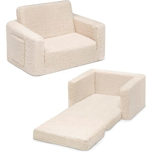 Delta Children Cozee Flip-Out Sherpa 2-in-1 Convertible Chair to Lounger for Kids, Cream