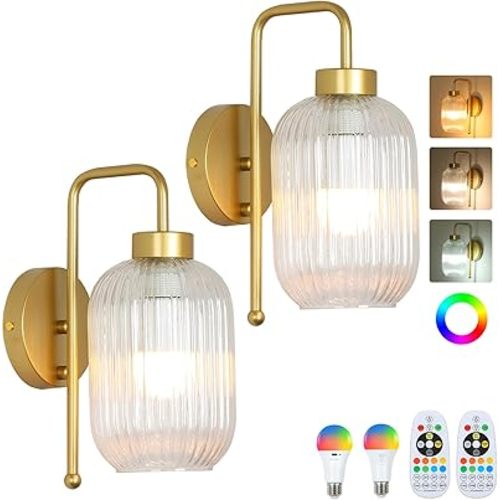 Vintage Battery Operated Wall Sconces Set of 2, Wireless Wall Lights with Remote and Color Temperature Bulb, Gold Cordless Rechargeable Wall Lamps with Clear Glass Shade for Bedroom Living Room