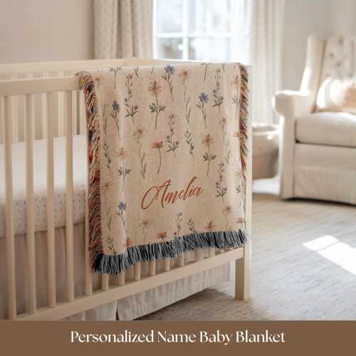 Personalized Baby Name Blanket Custom Wildflower Girl Nursery Decor Floral Farmhouse Garden Heirloom Toddler Gift Ideas Baby Shower for Girl
