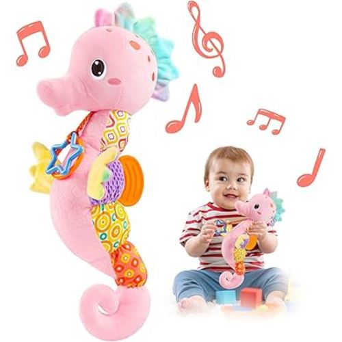 LIGHTDESIRE Baby Toys Musical Seahorse,Infant Stuffed Animal Toys with Crinkle and Rattles,Soft Sensory Toys with Textures for Tummy Time Newborn Boys Girls 0 3 6 12 Months(Pink)