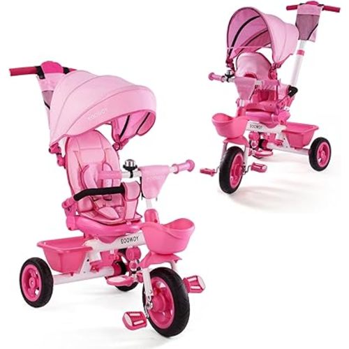 Baby Trike, 6-in-1 Kids Tricycle with Adjustable Push Handle, Removable Canopy, Safety Harness for 18 Months - 5 Year Old(Pink)