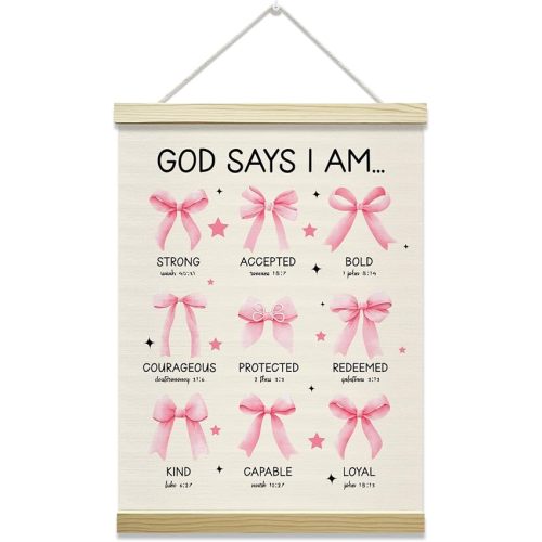 Christian Poster Hanger Frame-God Says I Am, Pink Bow Coquette Posters Canvas Wall Art for Women Girls Dorm Bedroom Decor, 12x16 Inches -027