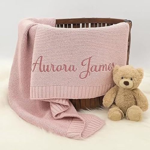 Personalized Baby Knit Blanket Custom Embroidered Cotton Blanket for Newborns Nursery Essentials Stroller Cover, Holiday, Thoughtful Keepsake for New Parents.
