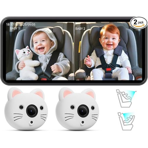 IIWEY Baby Car Camera for 2 Kids – 7.2” Ultrawide Split-Screen Monitor with Dual 1080P HD Car Seat Cameras, Cute Replaceable Cat Covers, Night Vision, Type-C Power, Easy Install for Twins or Siblings