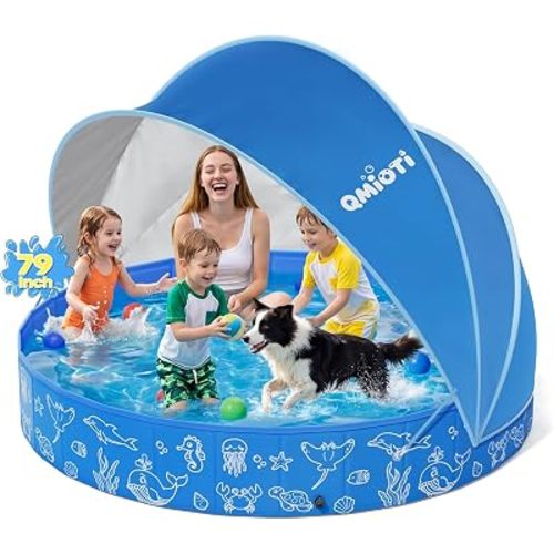 Large Kiddie Pool with Canopy, 79in Foldable Kids Pool, Baby Pool with Detachable UPF 50+ Sunshade, Portable Non-Slip Swimming Pool Dog Pool for Backyard, Beach, Outdoor Summer Water Play