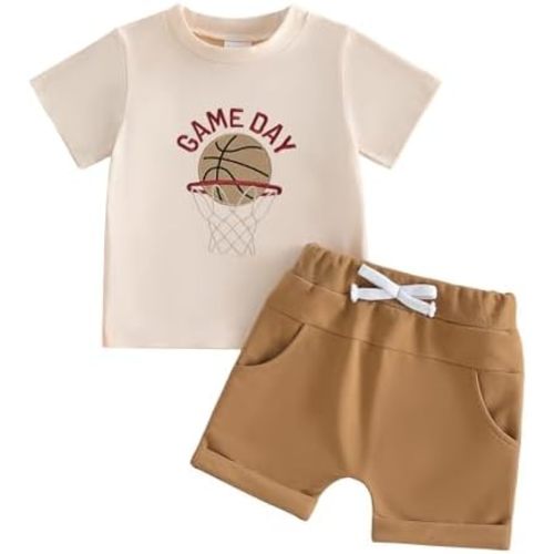 Toddler Baby Boy Basketball Outfit Game Day Summer Clothes Embroidery Short Sleeve T-Shirt Shorts 2Pcs Set