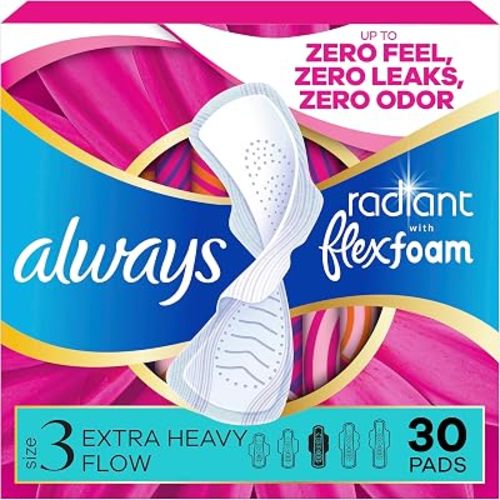 Always Radiant Feminine Pads for Women, Flexfoam Pads with Wings, Size 3, Extra Heavy Absorbency, Lightly Scented, 30 Count