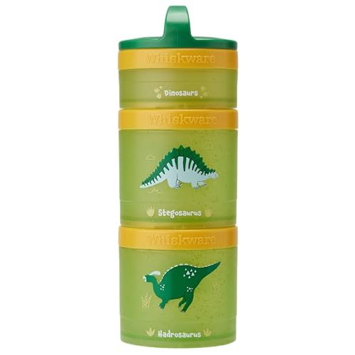 Whiskware Dinosaur Stackable Snack Containers for Kids and Toddlers, 3 Stackable Snack Cups for School and Travel, Green/Orange