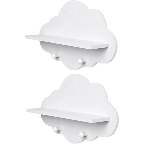 Cloud Shelves, 2Pcs White Cloud Wall Shelves, Wood Floating Shelf with Hook, Nursery for Book Toys Storage Rack Room Decor